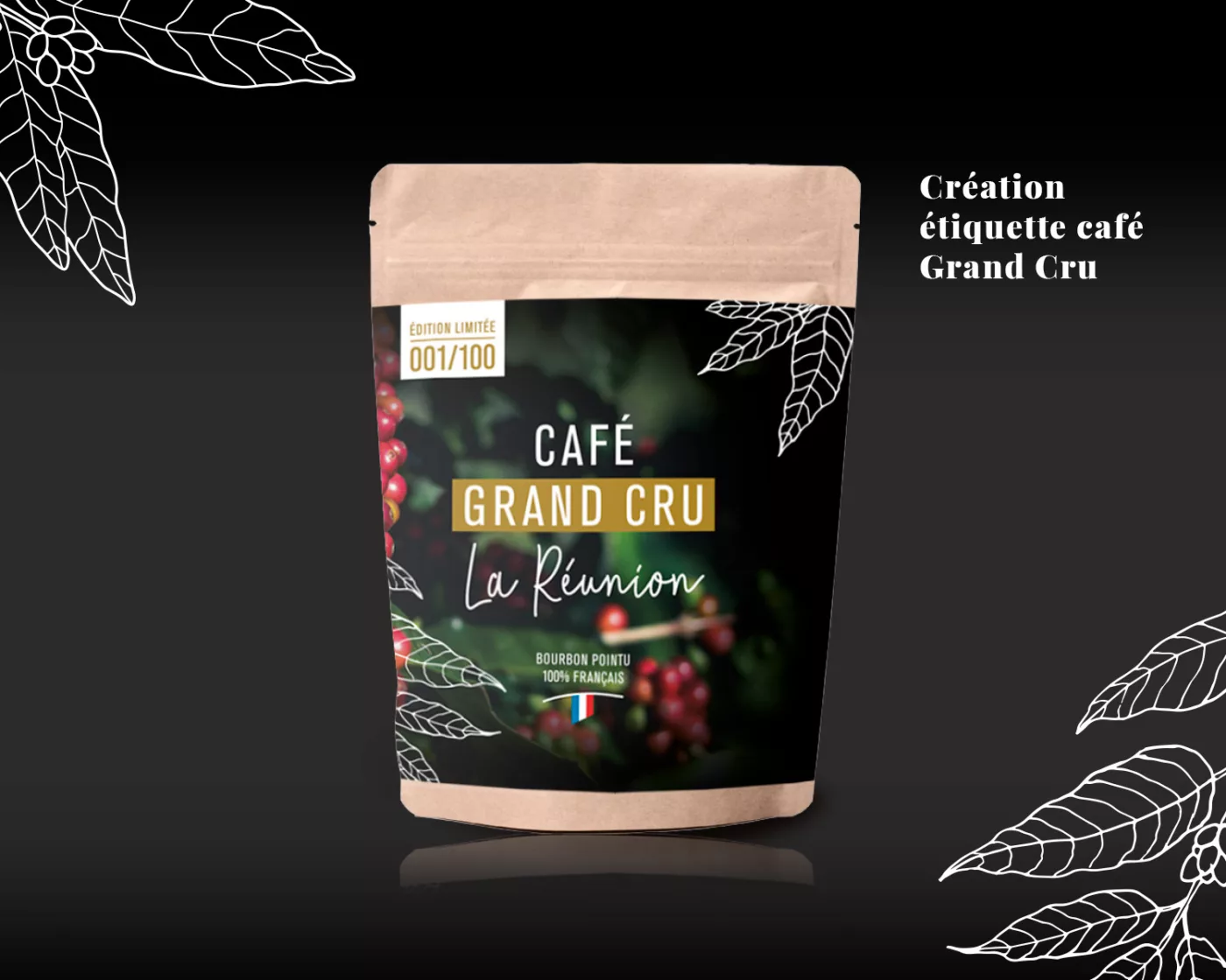 Création d'une étiquette de café Grand Cru La Réunion pour Le Caféier, artisan torréfacteur à Cholet