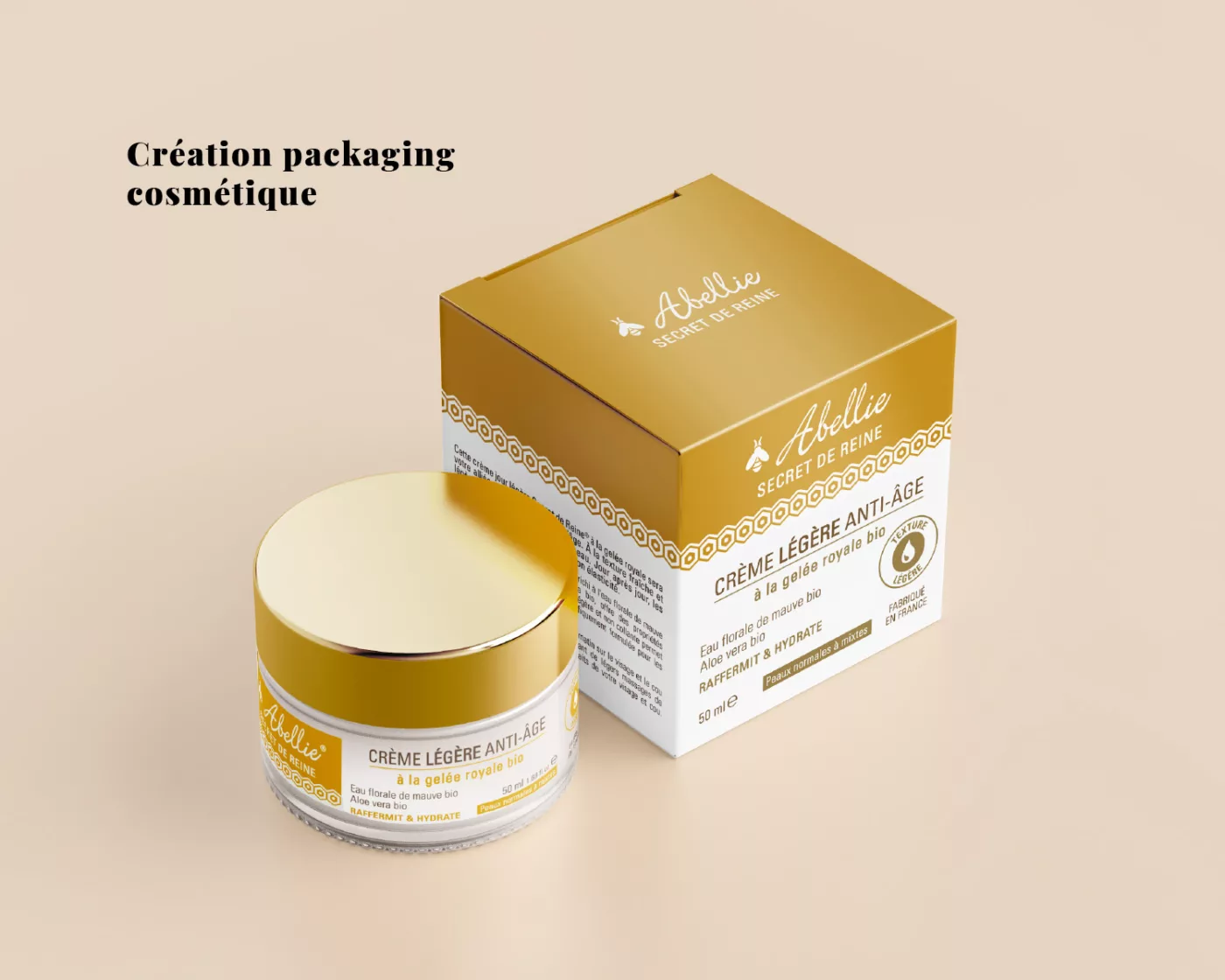 Création des packagings de la gamme cosmétique Secret de Reine Abellie, étiquettes des crèmes et étuis