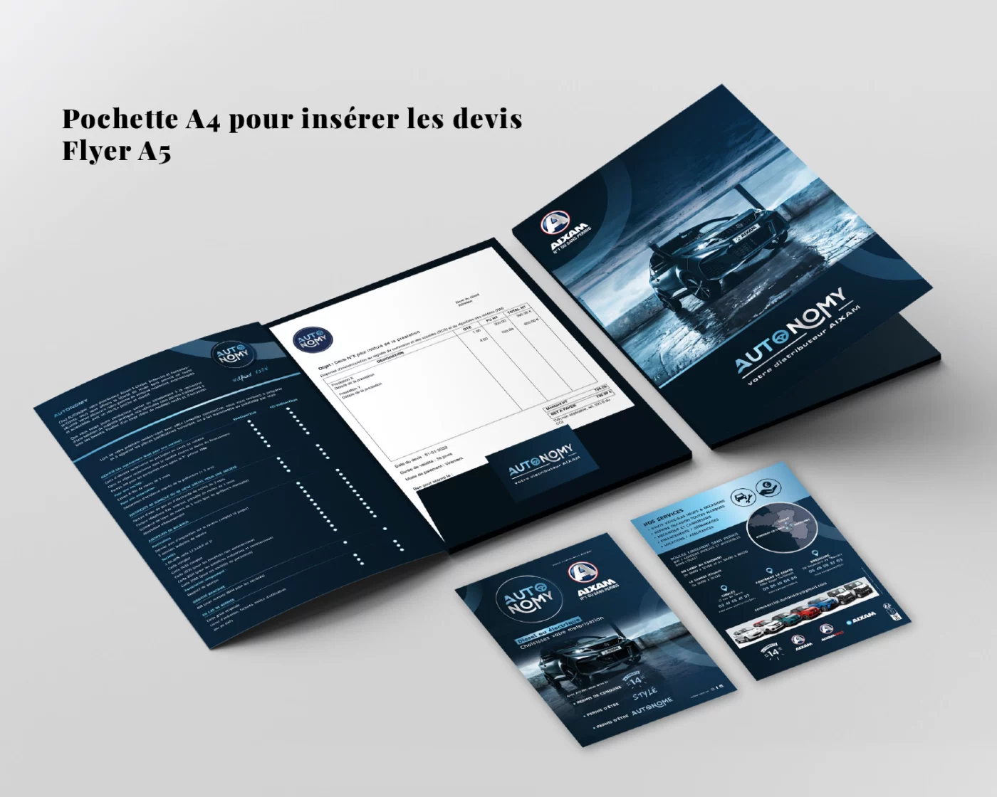 Réalisation de la pochette A4 et flyer A5 de l'entreprise Autonomy, le concessionnaire de voiture sans permis et distributeur officiel AIXAM à Cholet (49)