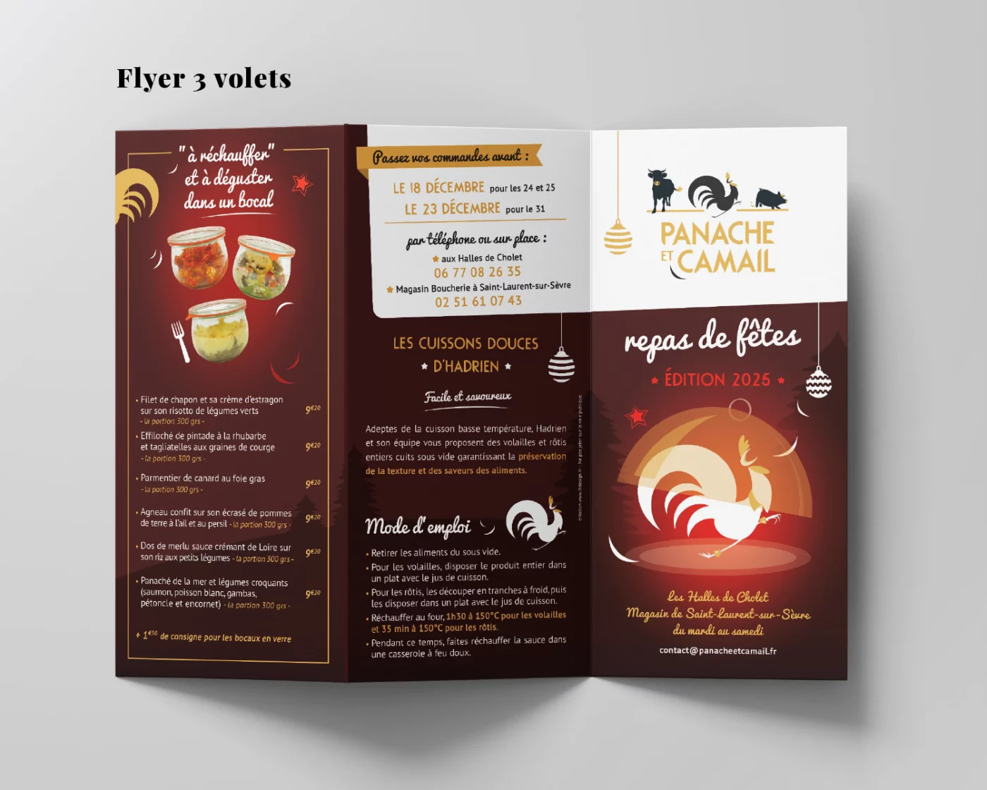 création de la plaquette trois volets "repas de fêtes" de l'entreprise Panache et Camail à Saint-Laurent-sur-Sèvre